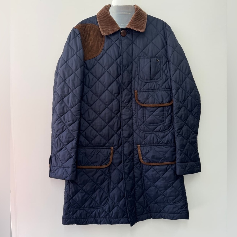 Women’s Ralph Lauren Navy Barn Jacket long Quilted Suede leather trim Corduroy